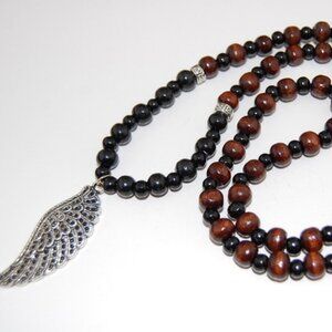 Angel Wing Necklace,Wood Necklace,26 inches,8mm Wooden Beads